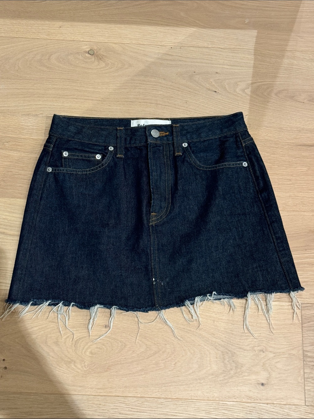 Reformation Denim Mini Skirt with Frayed Hem